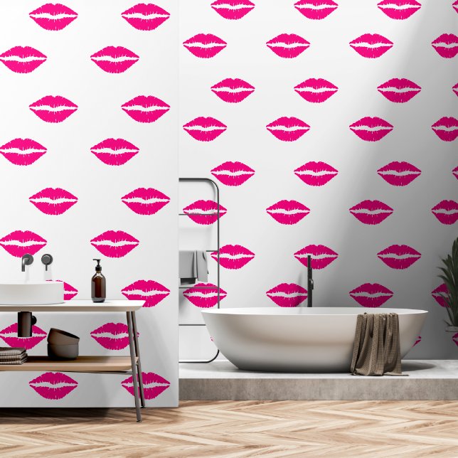 Roze Kiss Lippen Custom Kleur Wit Behang (Badkamer)