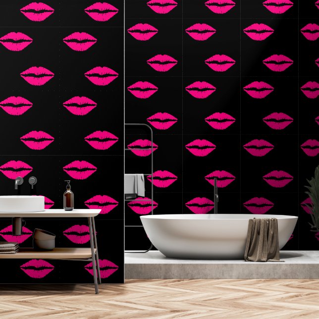 Roze Kiss Lips Custom Kleur Zwart Behang (Badkamer)