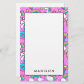 Roze Kitschy glittery grappige eenhoorn en kat Briefpapier (Voorkant / Achterkant)