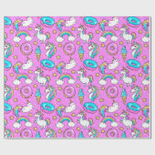 Roze Kitschy glittery grappige eenhoorn en kat Cadeaupapier (Vlak)