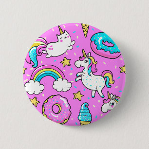 Roze Kitschy glittery grappige eenhoorn en kat Ronde Button 5,7 Cm