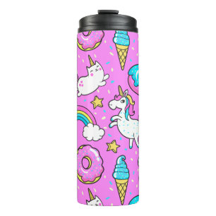 Roze Kitschy glittery grappige eenhoorn en kat Thermosbeker