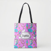 Roze Kitschy glittery grappige eenhoorn en kat Tote Bag (Voorkant)