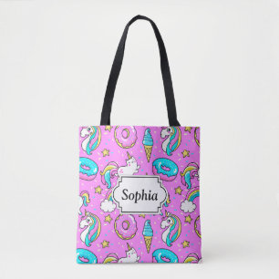 Roze Kitschy glittery grappige eenhoorn en kat Tote Bag