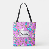 Roze Kitschy glittery grappige eenhoorn en kat Tote Bag (Achterkant)