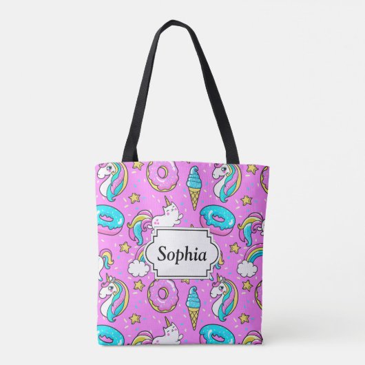 Roze Kitschy glittery grappige eenhoorn en kat Tote Bag (Achterkant)