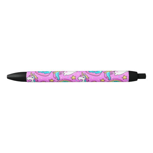 Roze Kitschy glittery grappige eenhoorn en kat Zwarte Inkt Pen (Voorkant)
