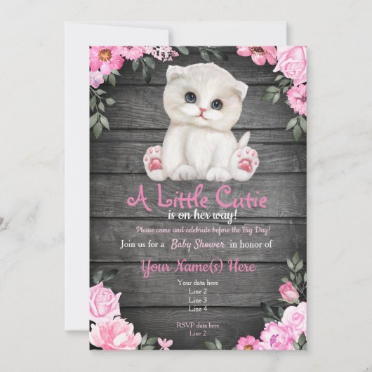 Roze Kitten Baby shower-uitnodiging, bijtend Kaart (Voorkant)