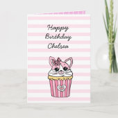 Roze Kitten Cupcake Meisje Verjaardag Kaart (Voorkant)
