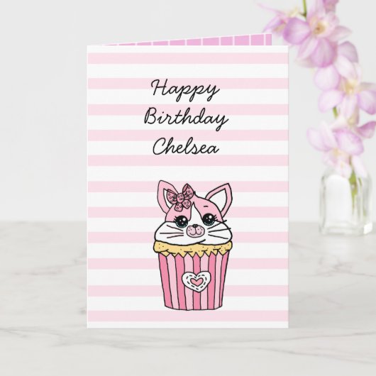 Roze Kitten Cupcake Meisje Verjaardag Kaart (Orchidee)