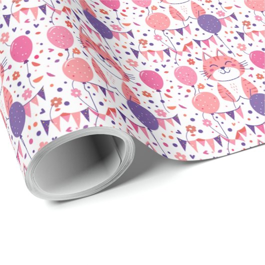 Roze Kitten en Ballonnen Verjaardag Gift Wrap Pape Cadeaupapier (Rol Hoek)