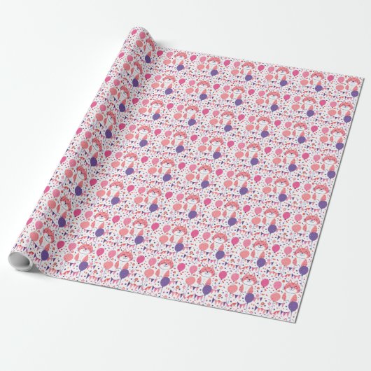 Roze Kitten en Ballonnen Verjaardag Gift Wrap Pape Cadeaupapier (Uitgerold)