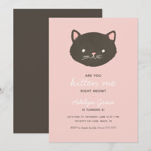 Roze Kitten Girl Birthday Party Invitation Kaart (Voorkant / Achterkant)
