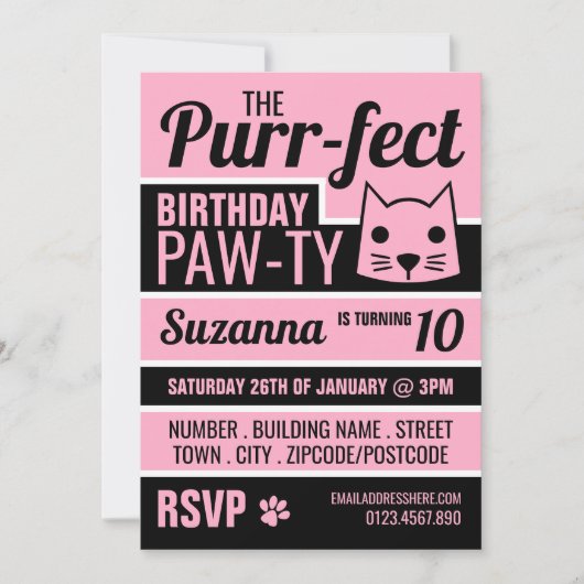 Roze kitten verjaardagsfeestje kaart (Voorkant)