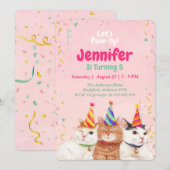 Roze Kitty Cat Birthday Party Invitation, bewerkba Kaart (Voorkant / Achterkant)