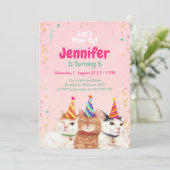 Roze Kitty Cat Birthday Party Invitation, bewerkba Kaart (Staand voorkant)