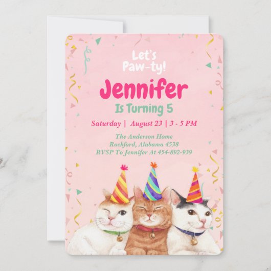 Roze Kitty Cat Birthday Party Invitation, bewerkba Kaart (Voorkant)