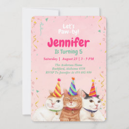 Roze Kitty Cat Birthday Party Invitation, bewerkba Kaart