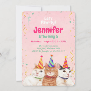 Roze Kitty Cat Birthday Party Invitation, bewerkba Kaart