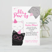 Roze Kitty Cat Leuke Verjaardagsfeest Uitnodiging (Staand voorkant)