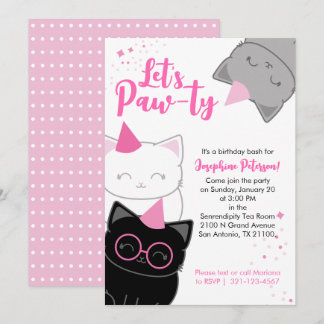 Roze Kitty Cat Leuke Verjaardagsfeest Uitnodiging