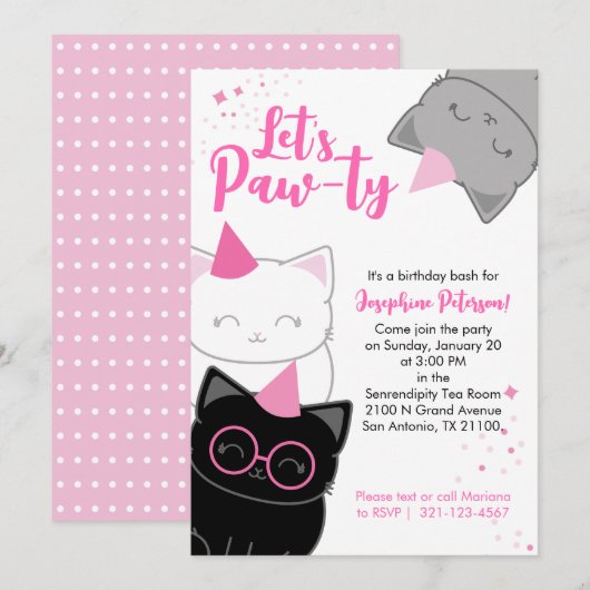 Roze Kitty Cat Leuke Verjaardagsfeest Uitnodiging (Voorkant / Achterkant)