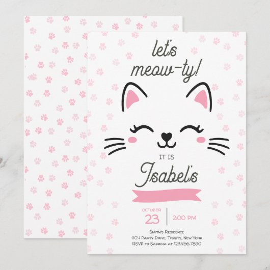 Roze Kitty Cat Verjaardag Kaart (Voorkant / Achterkant)