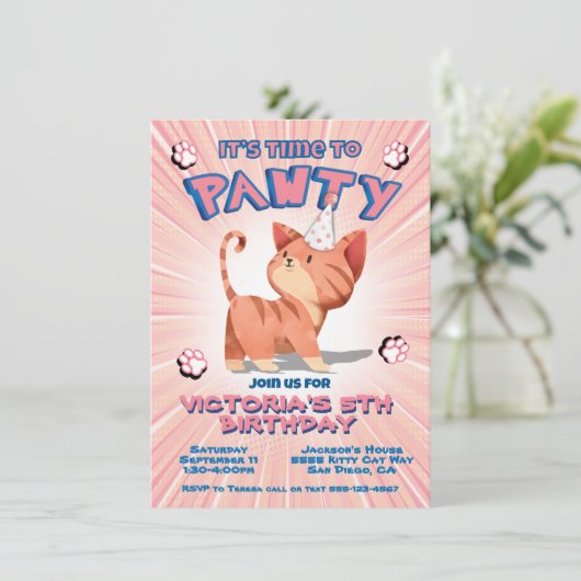 Roze Kitty Cat verjaardagsfeestje Kaart (Staand voorkant)