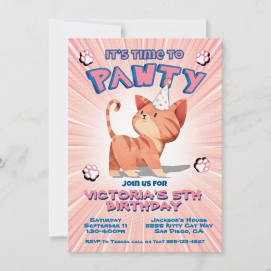 Roze Kitty Cat verjaardagsfeestje Kaart (Voorkant)