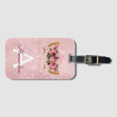 Roze Kitty Glitter Prinses Monogram Naam Bagagelabel (Voorkant (horizontaal))
