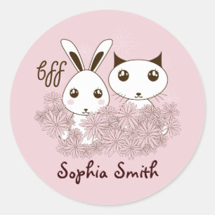 Roze Kitty Kat en Konijn Dieren Vrienden Kinderen Ronde Sticker