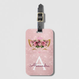 Roze Kitty Sparkle Prinses Monogram Naam Bagagelabel