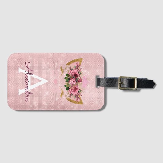 Roze Kitty Sparkle Prinses Monogram Naam Bagagelabel (Voorkant (horizontaal))