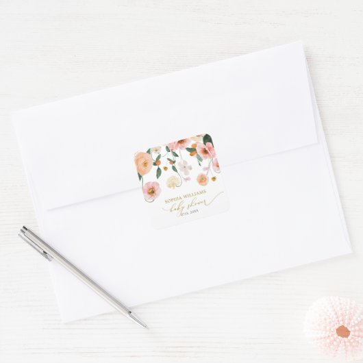 Roze Klaproos Bloemige Baby Shower  Vierkante Sticker (Envelop)