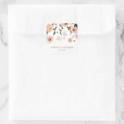 Roze Klaproos Bloemige Bruiloft Vierkante Sticker (Tas)