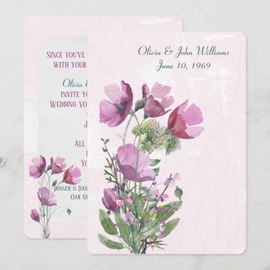Roze klaproos boeket Huwelijksuitnodiging Kaart (Voorkant / Achterkant)