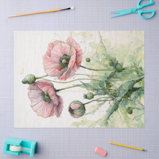 Roze klaprozen, delicate bloemige Waterverf Tissuepapier (Craft)