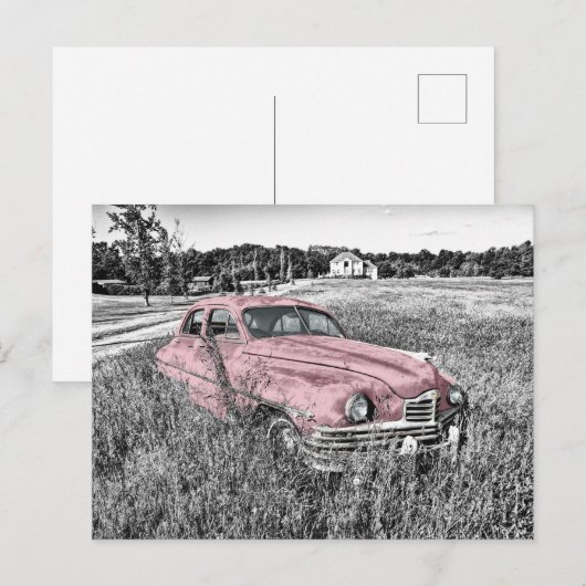 Roze klassieke auto briefkaart (Voorkant / Achterkant)