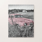Roze klassieke auto legpuzzel (Verticaal)