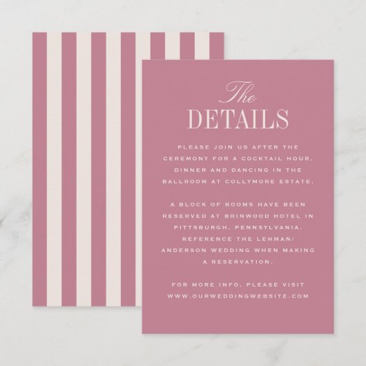 Roze Klassieke Elegantie Huwelijksdetails Informatiekaartje (Voorkant / Achterkant)