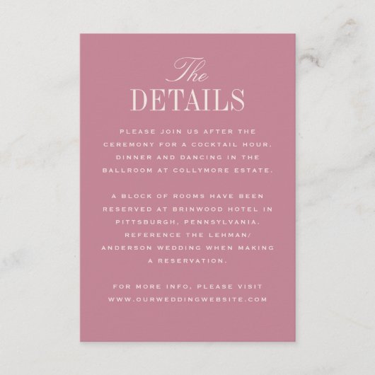 Roze Klassieke Elegantie Huwelijksdetails Informatiekaartje (Voorkant)