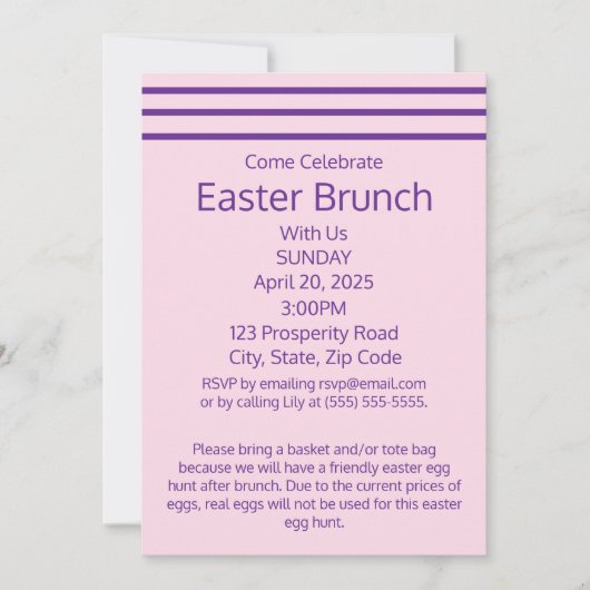 Roze klassieke gestreepte paasbrunch vakantie kaart (Voorkant)
