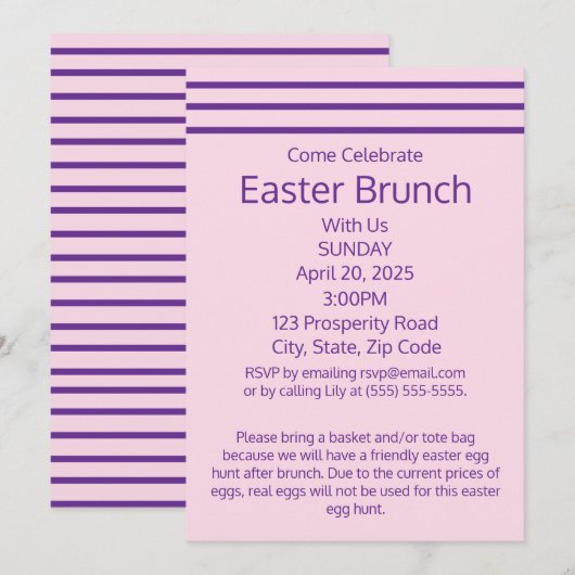 Roze klassieke gestreepte paasbrunch vakantie kaart (Voorkant / Achterkant)