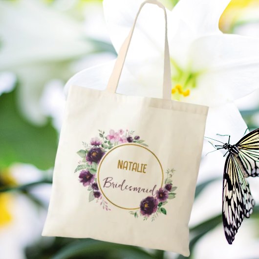 Roze klassieke goudflorals Bridesmaïde paars Tote Bag
