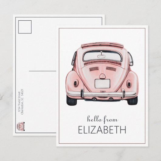 Roze Klassieke Vintage Buggy Bug Auto Persoonlijk Briefkaart (Voorkant / Achterkant)