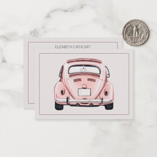 Roze Klassieke Vintage Buggy Bug Auto Persoonlijk Notitiekaartje (Voorkant / Achterkant in situ)
