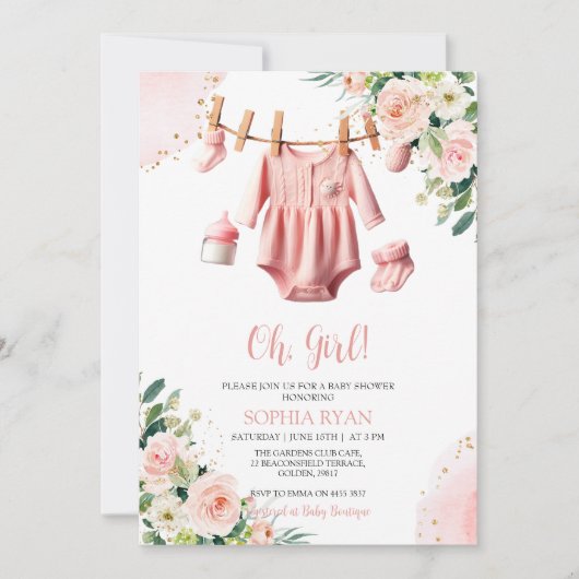 Roze kleding Baby shower Invitation Kaart (Voorkant)
