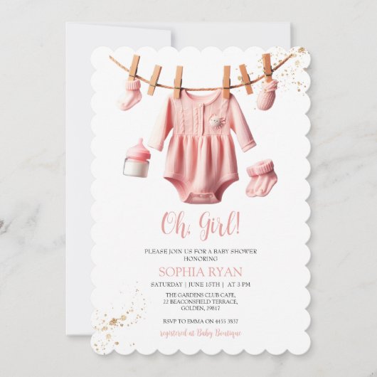 Roze kleding Baby shower Invitation Kaart (Voorkant)
