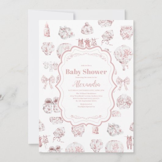 Roze kleding Toile de Jouy Baby shower Kaart (Voorkant)