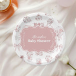 Roze kleding Toile de Jouy Baby shower Papieren Bordje<br><div class="desc">Voeg een vleugje elegantie toe aan uw baby shower met onze Toile De Jouy Bow Baby shower Paper Borden. Ontworpen met het klassieke en ingewikkelde Toile De Jouy-patroon, hebben deze borden charmante pastorale scènes die tijdloze sophisticatie en charme belichamen. Het delicate boogaccent versterkt het ontwerp, waardoor deze borden perfect passen...</div>